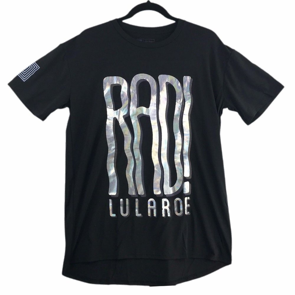 Lularoe T-Shirt Unisex Medium M Black Silver Rainbow Foil Graphic "Rad" Logo NWT